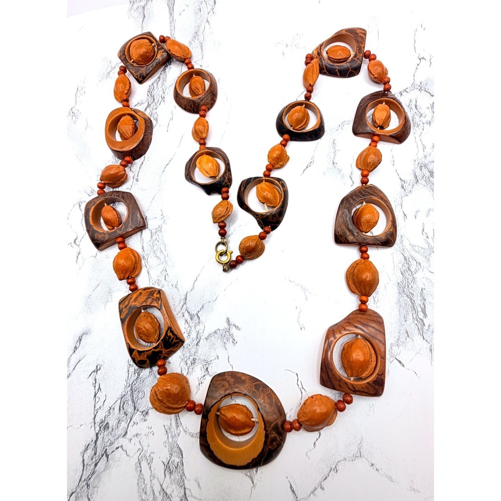 Long Brown Orange Resin Necklace Faux Wood Geometric Open‎ Links Boho 30"